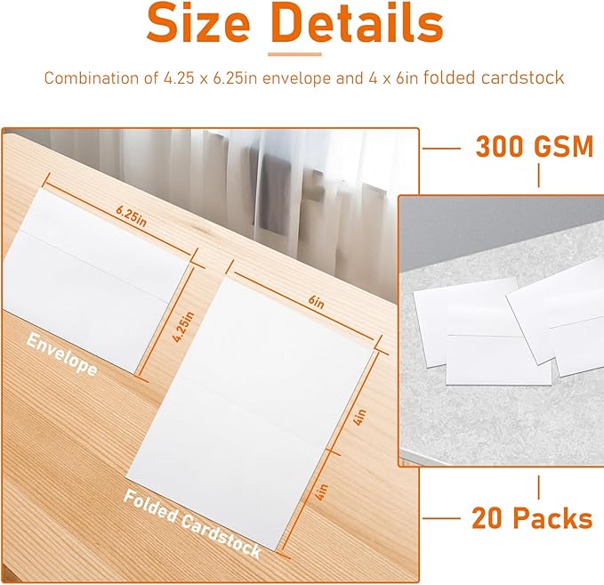 White Greeting Cards and Envelopes 4 x 6 Heavyweight Folded Cardstock and Printable A4 Envelopes Self Seal 20 Packs for Wedding Invitations, Festival Blessings, Christmas