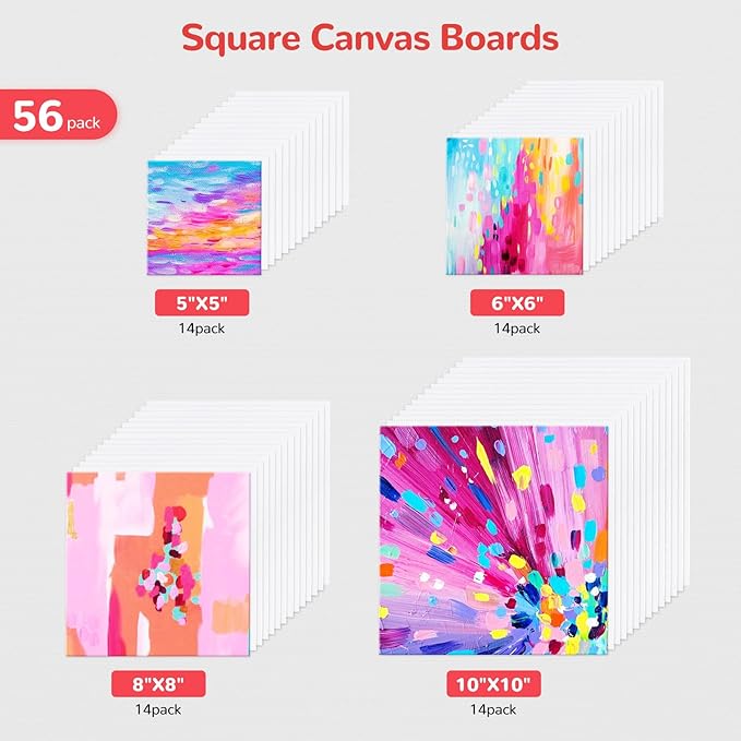 Small Canvas Boards for Kids Painting 56Pcs of 5x5, 6x6, 8x8, 10x10 inch Flat Square Canvas Panels, 100% Cotton White Acrylic Watercolor Paint