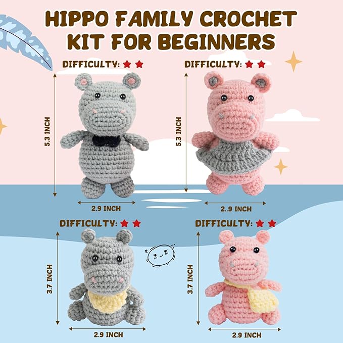 POP COCHE Crochet Kit for Beginners, Crochet Starter Kits for Adults, Amigurumi Craft Knitting Crochet Animal Kit with Step-by-Step Video Tutorials, Hippo Family (40%+ Yarn)