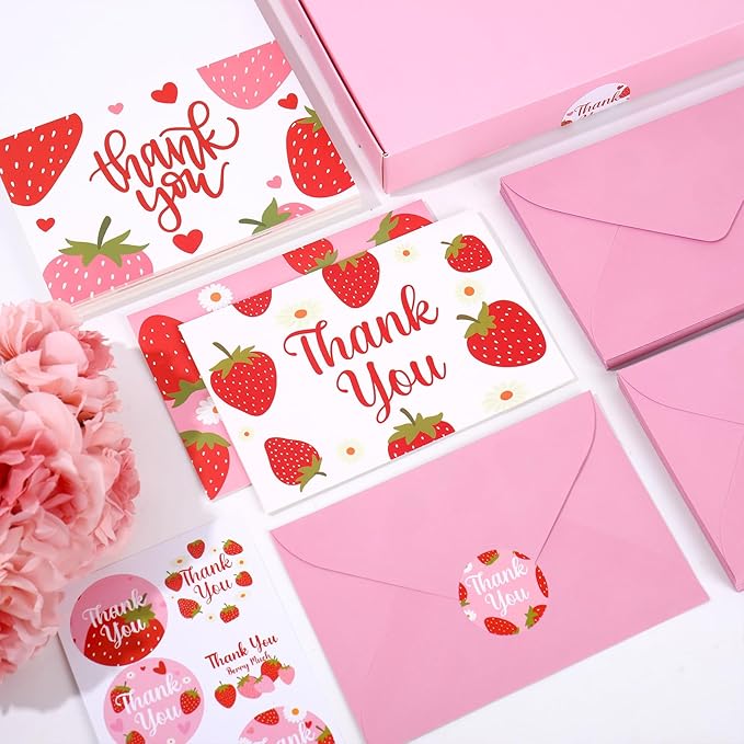 Whaline 50 Pcs Strawberry Thank You Cards Greeting Cards with Envelopes Stickers Pink Fruit Blank Note Cards for Baby Shower Birthday Party Invitation Supplies, 4 x 6 Inch