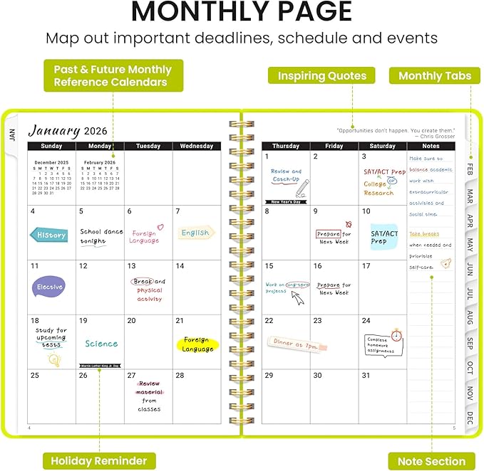 2026 Planner, Weekly and Monthly Calendar Planner for Women, Jan 2026 - Dec 2026, Hardcover Planning Agenda book with Tabs, Spiral Bound, Inner Pocket, Perfect for School Office Supplies, 6.3" x 8.5" - Lemon Yellow
