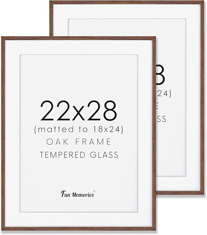 Fun Memories Oak Wood Picture Frame 22x28, 22 x 28 Poster Frame for Wall, 22"x28" Wood Frames Photo Frames in Walnut, Tempered Real Glass, 22x28 Frame with Mat for 18x24 (Walnut, 2 Pack)