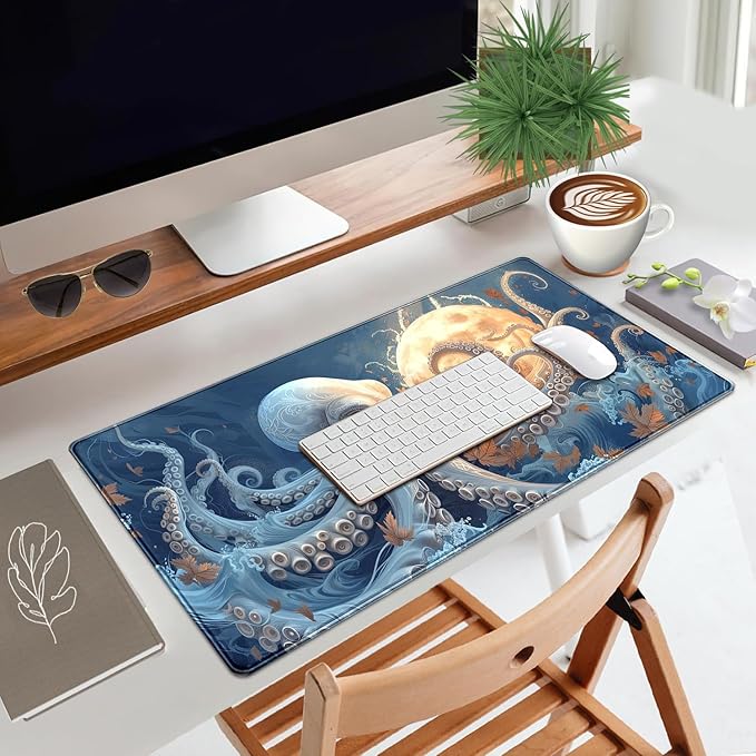 White Octopus Moon Gaming Mouse Pad Xl-31.5x15.7in- Octopi Desk Mat- Blue Extended Aesthetic Keyboard Mouse Pad, Gamer Gifts, Gift for Him/Her