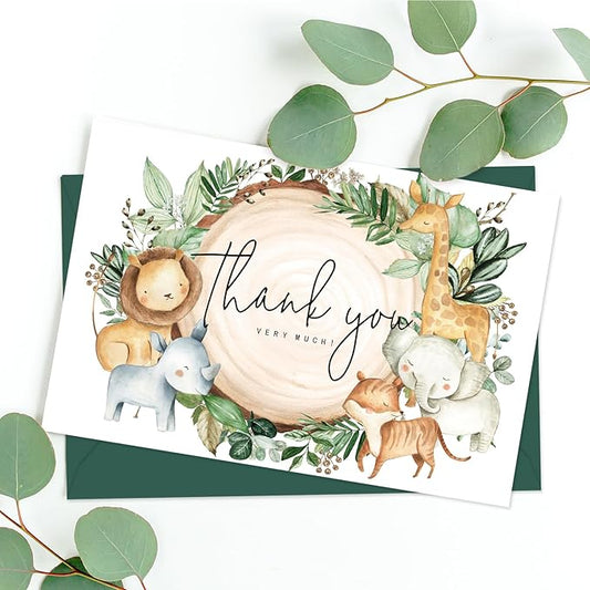 Whaline 50 Pack Woodland Animal Thank You Cards Boxed Greeting Card Greenery Forest Animal Blank Note Card with Envelopes Stickers Glue Stick for Baby Shower Birthday, 4 x 6 Inch