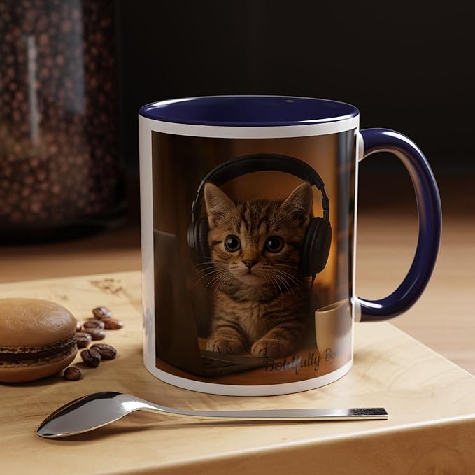 Adorable Cat Coffee Mug, Cute Kitten with Earphones, Pet Lover Gift, Tea Cup, Animal Lover Mug, Coffee Cup