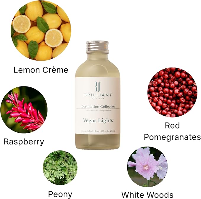 Brilliant Scents Vegas Lights Fragrance Oil 200ml - Premium Diffuser Oil for Home, Office, Hotels - Long Lasting, Plant-Based, Meets IFRA Standards, USA-Made - Lemon Crème, Pomegranate, Peony