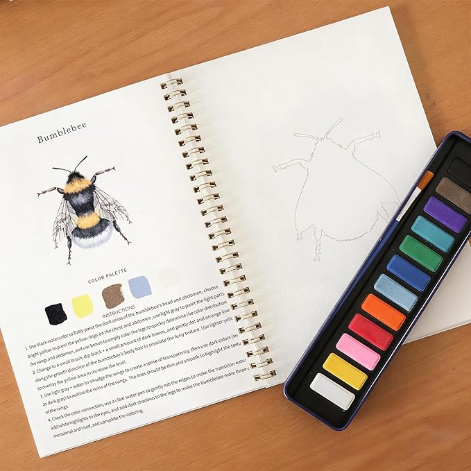 XZGTAND Beginner-Friendly Animals Watercolor Workbooks, 12 Colors Watercolor Paint Set with Paint Brush, Beginner-Friendly Watercolor Painting Kit (Insects)