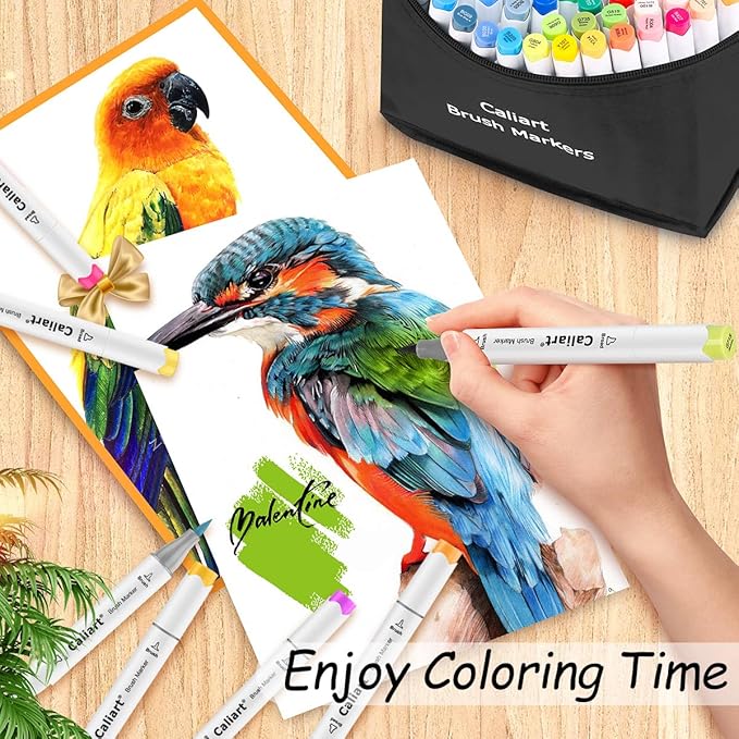 Caliart 101 Colors Alcohol Markers Brush Tip & Chisel, Dual Tip Art Markers Set for Adults Artists Sketch Illustration Coloring Book, Permanent Colored Drawing Pen Art Supplies Christmas Gifts