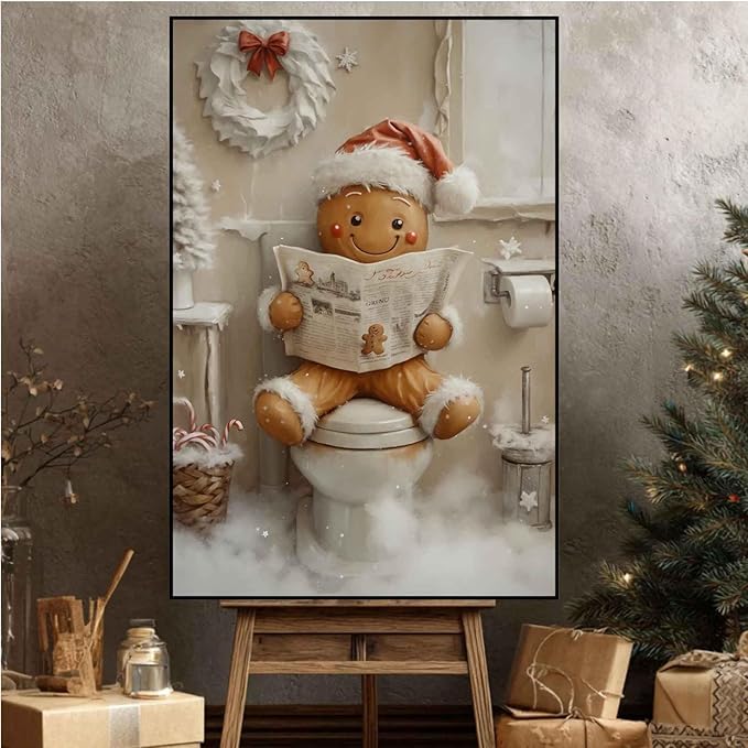 Christmas Bathroom Canvas Painting Gingerbread Man Holiday Print Santa Hat Cookie Character Wall Art Vintage Rural Art Winter print Indoor Decor for Bathroom Living Room Funny Framed Ready to Hang