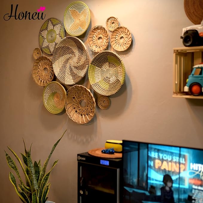 Boho Wall Baskets for Decor, Wicker Hanging Basket, Boho Wall Art, Woven Hanging Basket, Rattan Decor, Bohemian Decorative for Living Room Or Bedroom, Round Bamboo and Seagrass Plates 12 Pcs