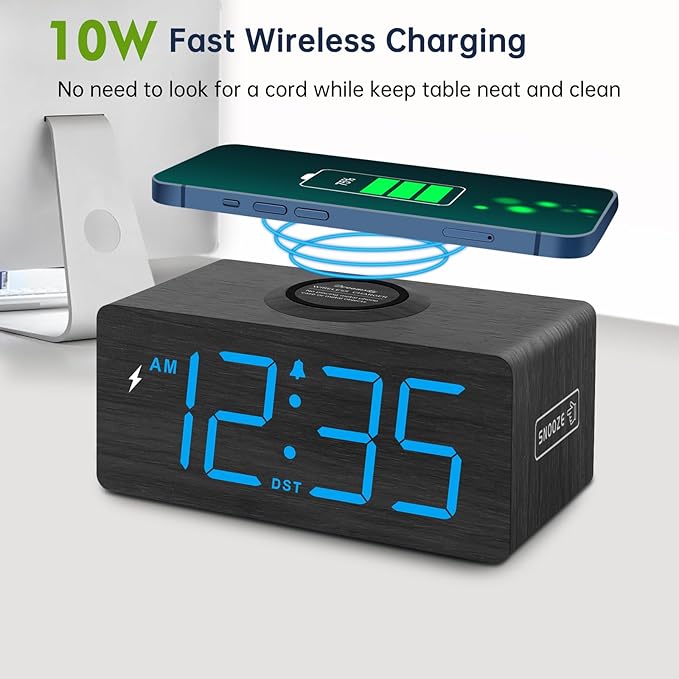 DreamSky Wooden Digital Alarm Clock with Wireless Charging for Bedroom, Bedside Nightstand Clock with Charger Station, USB Port, Large Numbers, Adjustable Volume, Brightness Dimmer, DST