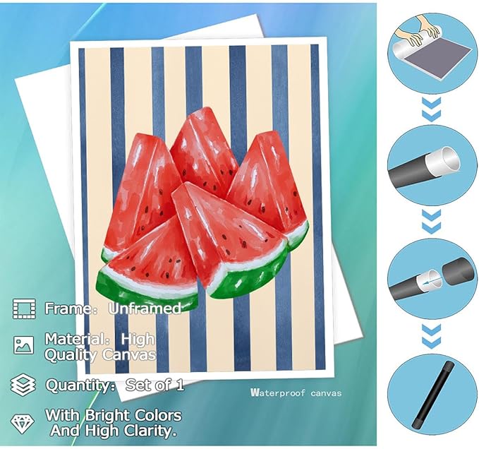 Watermelon Watercolor Wall Art – Fresh Summer Fruit Canvas Print – Blue Stripe Kitchen Decor – Watermelon Slice Illustration Poster 16x20inch-Unframed