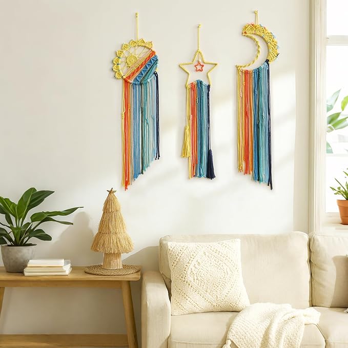 3 Pack Macrame Hanging Tapestry Wall Art Set Boho Woven Tapestries Sun Moon Star Large Dream Catcher Coloful Wall Decor Bedroom Aesthetic Living Room Decor