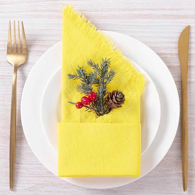 6 Pack Lemon Yellow Cotton Linen Napkins with Fringe Spring Cloth Napkins Set of 6 Boho Handmade Dinner Napkins Bulk for Wedding Bridal Baby Shower Valentine's Day, 17 x 17 Inches