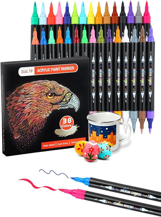 30 Colors Acrylic Paint Pens, Dual Tip Acrylic Paint Markers with Brush and Fine Tips for Kids and Adults, Wood, Canvas, Stone, Rock Painting, Glass, Ceramic Surfaces, DIY Crafts Making