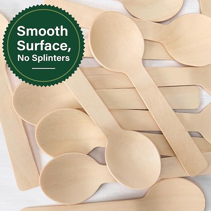 LotFancy Mini Wooden Spoons, Pack of 100, 4 inch Length, Disposable Tasting Sampling Spoons, Biodegradable Compostable Eco-friendly Birchwood Taster Spoons