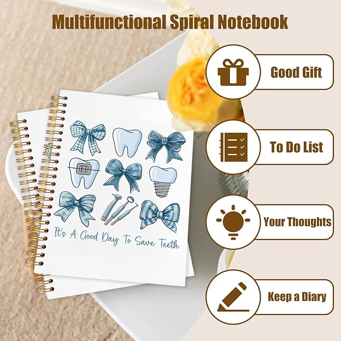 Blue Coquette Bow Dentist Notebook, Dental Gifts for Coworkers Journal, Dental Hygienist Gifts Spiral Notebook Journal for Note Taking, Dentist Office Supplies, 5.5x8.3 Inch