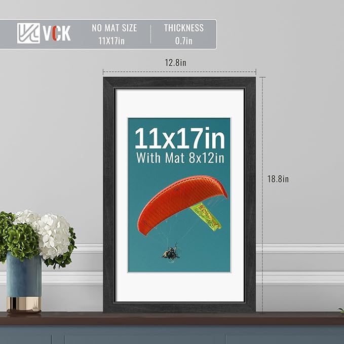 VCK 11x17 Picture Frames Black Set of 5, Wide Border Wood, Tempered Glass, Display 8x12 Photo with Mat or 11 x 17 without, for Home, Office, Gallery, Woodgrain Series, Wall Hanging