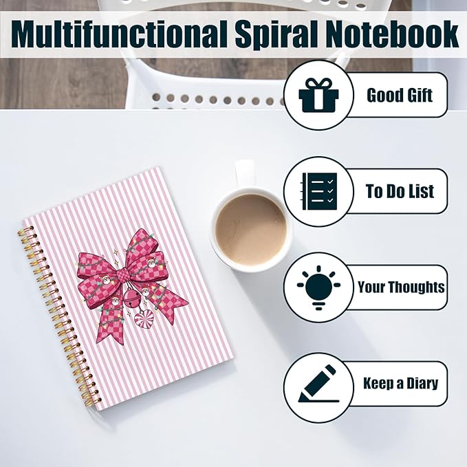 Coquette Pink Plaid Bow Christmas Spiral Notebook, Preppy Christmas Journal for School Office Supplies, Girly Xmas Pink Aesthetic Holiday Hardcover Journal 5.5x8.3 Inch