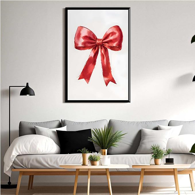 Framed Canvas Wall Art Vintage Red Christmas Bow Wall Art Winter Home Decor Red Bow Print Holiday Christmas Decor 24x36in Metal blackFramed