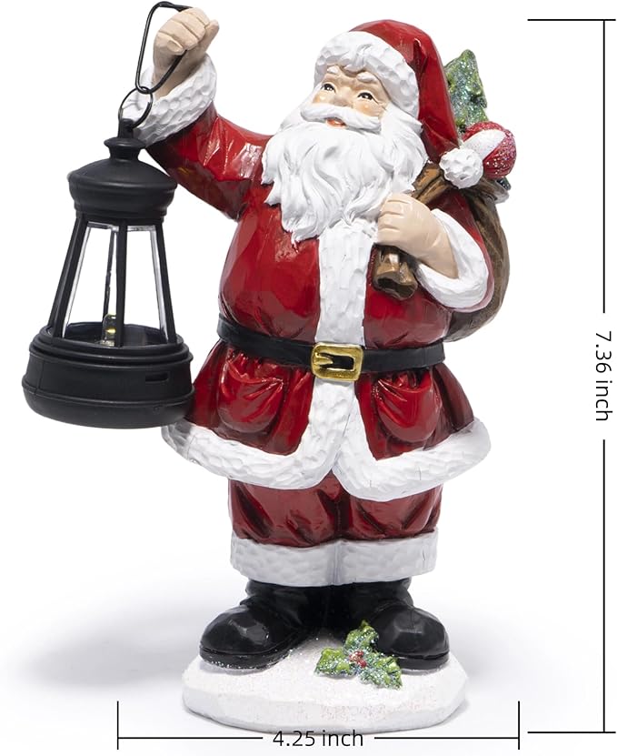 Hodao Christmas Santa Figurine with Lantern, Hand-Painted Resin Santa Claus Statue Holding Gift Bag, Holiday Tabletop Decoration for Home, Mantel, Shelf, Décor Accent
