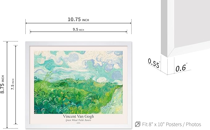 Monem Art Vintage Van Gogh Poster - Retro Green Wheat Fields Auvers Print - Impressionism Art - Fine Art - Landscape Art - Classic Painting Art - Great Living Room Decor - 8x10 White Framed