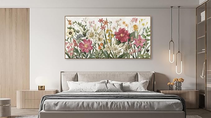arteWOODS Botanical Framed Wall Art - Flowers Canvas Pictures Wall Decor Wildflowers Plants Painting Artwork Red Beige Blooming Floral Prints for Living Room Bedroom 48 x 24in Natural Wood Frame