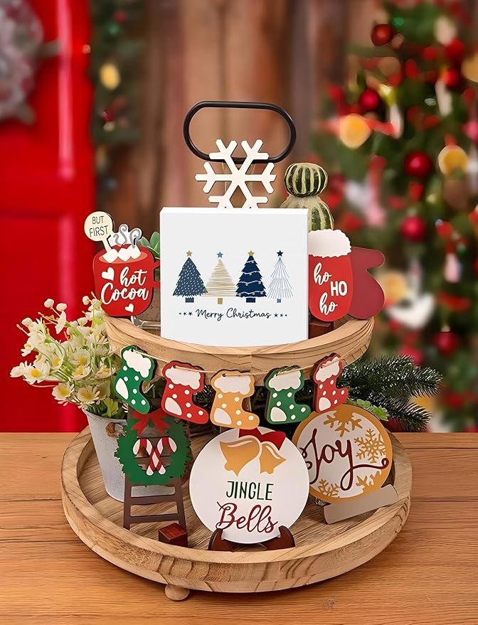 Navy Blue and Gold Christmas Tree Wooden Box Sign, Preppy Christmas Desk Decor, Merry Xmas Tree Winter Holiday Wood Signs for Home Office Desk Shelf Tabletop Decor, 5x5 Inch Decorative Signage