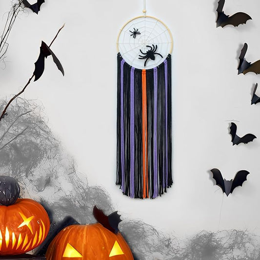 LB Halloween Black Macrame Wall Hanging, Spooky Halloween Wall Art Boho Dream Catcher Orange and Purple Handmade Spider Web Woven Tapestry for Bedroom Living Room Nursery Office Backdrop, 10x32 Inch
