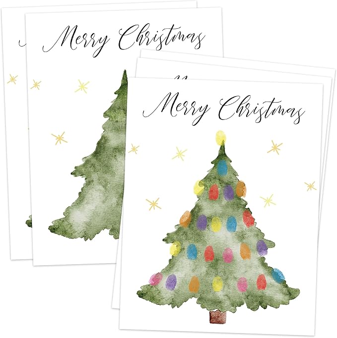 Christmas Tree Fingerprint Art Craft Kit for Family Activities, 10 Pcs Christmas Crafts Bulk DIY Handprint Card Making, Funny Finger Painting Keepsake Gift for Mom Dad Grandma Grandpa