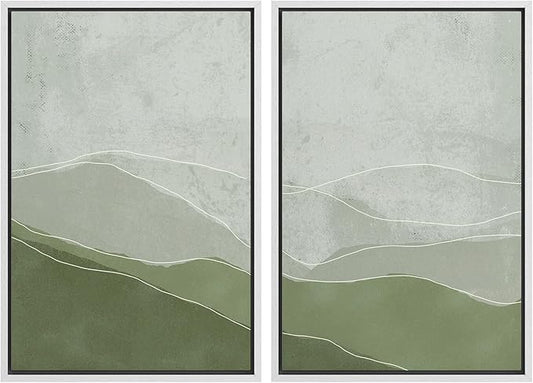 SIGNWIN Framed Wall Art Print Set Faded Green & Gray Wave Landscape Abstract Shapes Illustrations Modern Art Bohemian Relax/Calm Multicolor for Living Room, Bedroom, Office - 24"x36"x2 White