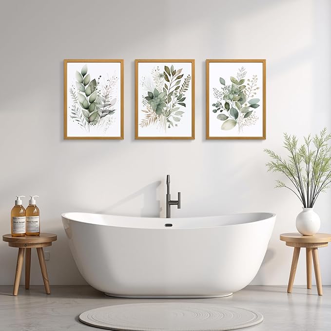 HLXRAE Watercolor Botanical Wall Art Set of 3, Neutral Sage Green Bathroom Wall Decor, Modern Floral Canvas Paintings, Minimalist Farmhouse Poster Prints for Bedroom Living Room Wood Framed 12x16 Inch