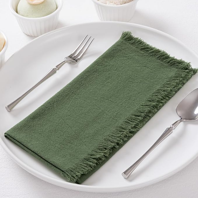 12 Pack Olive Green Cotton Linen Napkins with Fringe Green Cloth Napkins Set of 12 Boho Handmade Dinner Table Napkins for Wedding Bridal Baby Shower Tea Party, 17 x 17 Inches