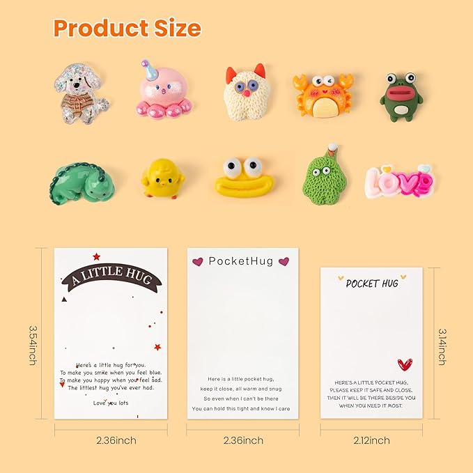 10 Sets Pocket Hug, Cute Pocket Hug Token with Mini Figurines for Anxiety Relief & Emotional Support, Small Thinking of You Cards Party Favors Appreciation Gifts for Men Women Coworkers