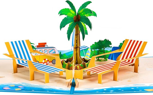 GREETING ART Beach Vacation Anniversary Pop Up Card, Beach Birthday Card, Happy Travel Summer Cards, Tropical Vacation Cards for Retirement, Father’s Day, Thinking of You, Valentines Day
