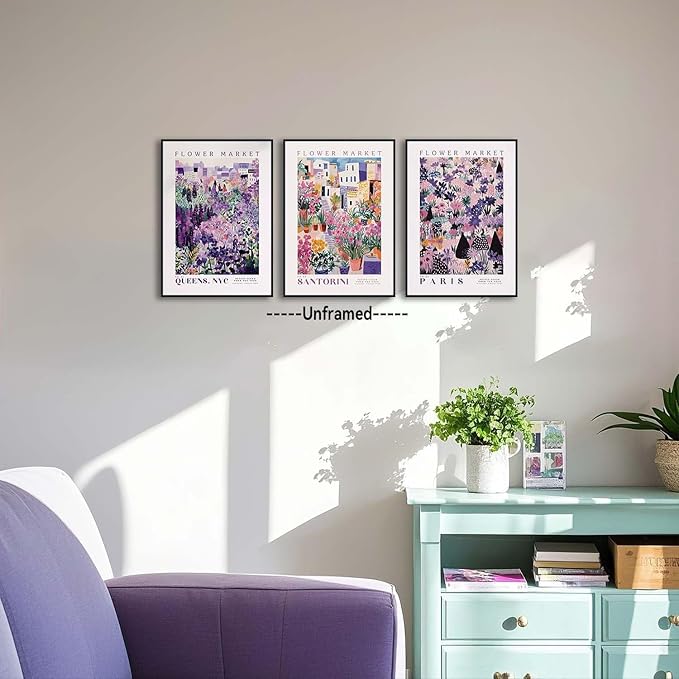 XLARTMY Flower Market Wall Art Prints Canvas Purple and Pink Floral Paintings Colorful Botanical Travel Flower Posters for Home Decor Pictures Set of 3 for Living Room Bedroom 16x24in Unframed