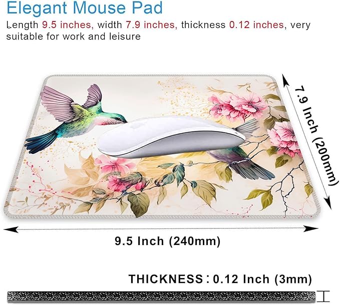 Mouse Pad, Watercolor Colibri Birds and Pink Flowers Mouse Pads for Desk,Soft Computer Mouse Mat Square Waterproof Non-Slip Rubber Base Gaming MousePads for Women Men,Laptop,Office