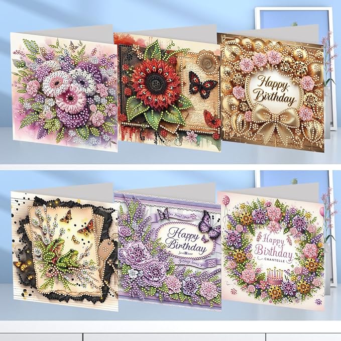 Ceitura 6Pcs DIY Diamond Art Painting Crafts Rhinestone Painting Greeting Card Making Kit Postcard for Holiday Christmas New Year Party Favors (Flower Birthday)