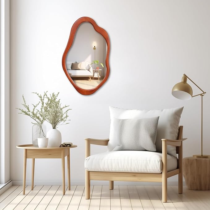 24"x 15" Wavy Wall Mirror Wood Frame, Modern Decorative Asymmetrical Mirror for Bedroom, Living Room, Entryway Walnut Color