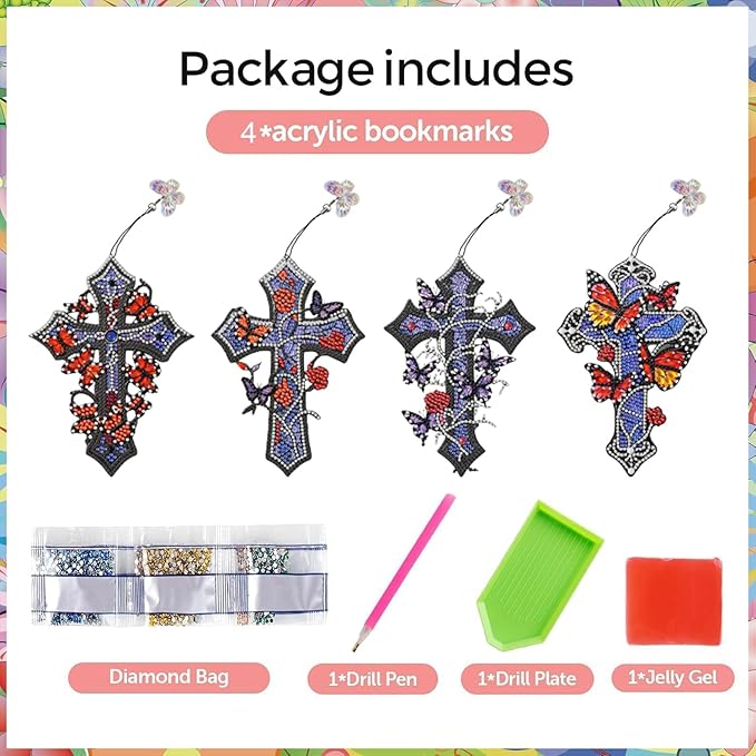 Puraikcmi 4 PCS Cross Diamond Art Bookmarks,Religious Christian Diamond Paintings Bookmarks Kits with Tassels,Special Shape Crafts Decoration Gift Set for Book Lovers Beginners Adults