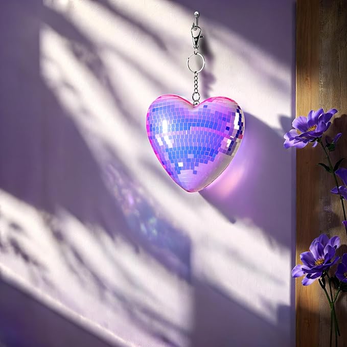 2 Pack Mirror Heart Disco Ball, Purple Reflective Hanging Decorative Ornament with Stand, Heart-Shaped Decor for Wall, Party, Room, Home, Gift Idea for Couples, Valentine's Day(4.5 inch)