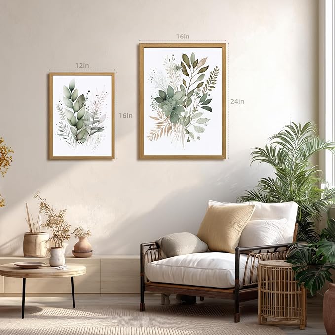 LLEEMPI Sage Green Wall Art Set of 3, Modern Watercolor Botanical Wall Decor, Eucalyptus Leaf Canvas Painting, Classic Minimalist Florals Poster Print for Bedroom Bathroom Office Wood Framed 12x16 Inch
