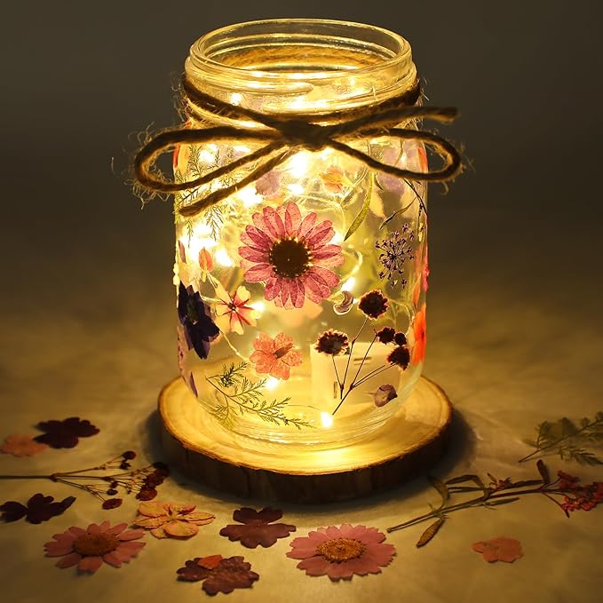 Tinideya 154 Pcs DIY Pressed Flowers Mason Jar Set Pressed Flower Lanterns 12 Mason Jar 140 Natural Real Dried Flower Centerpiece Making Favor for Christmas Wedding Candle Lantern Craft