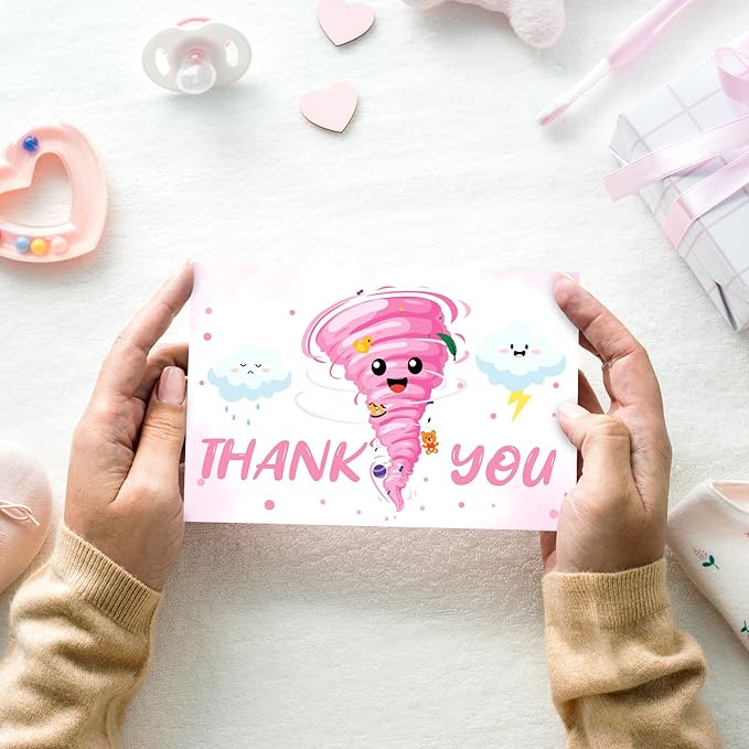 24 Pack Two-nado Party Thank You Card Pink Tornado Greeting Cards with Envelopes Stickers Blank Note Cards for 2nd Birthday Baby Shower, 4 x 6 Inch