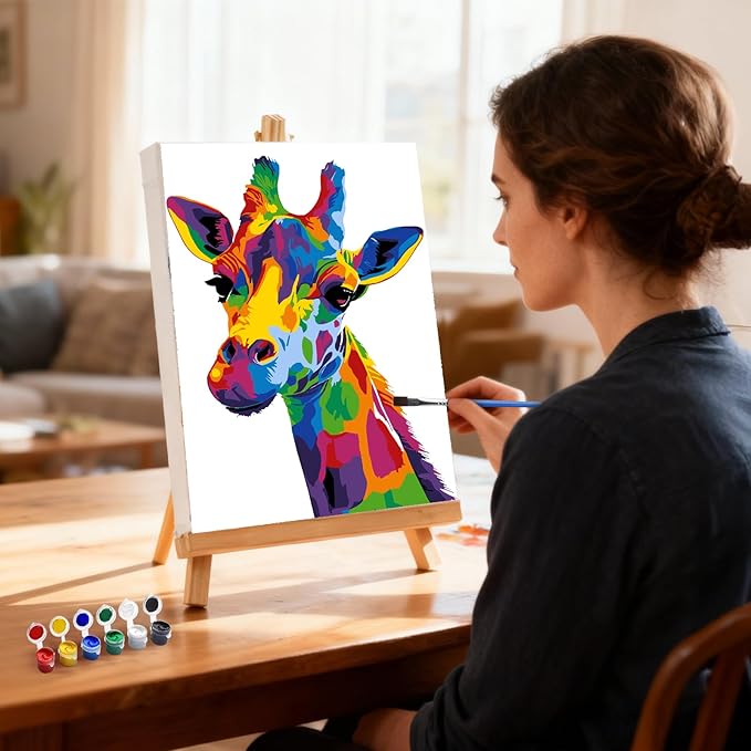 MXJSUA Giraffe Framed Paint by Numbers for Adults Beginners, Easy Adults' Paint-by-Number Kits on Canvas with Easel, Animal Acrylic Number Painting Crafts Kits Gifts for Home Decor, 8x12inch
