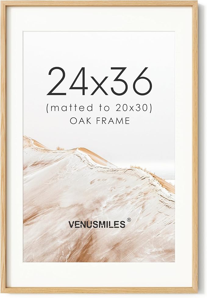 24x36 Poster Frame, USA-Sourced Natural Oak Wood Picture Collage Frame with HD Tempered Glass, Modern Simple 24 x 36 Wooden Photo Frame Matted to 20x30, Vertical & Horizontal Wall Hanging Display