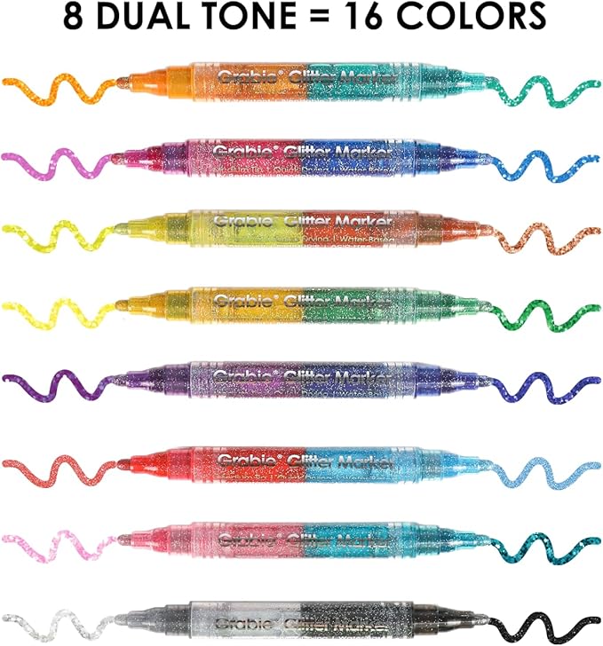 Grabie 16 Metallic Colors Dual Tip Glitter Markers, Glitter Metallic Shimmer Marker Set of 8, Acrylic Paint Pens for Rock Painting, Black Paper, Wood, Canvas, Stone, Glass, Ceramic, DIY Crafts Making