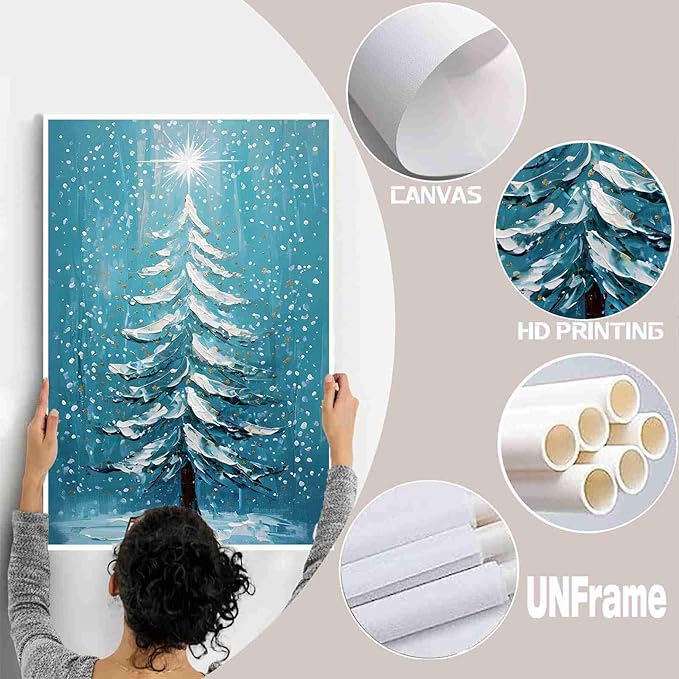 Canvas Wall Art Blue Christmas Tree Print Merry Christmas Wall Decor Holiday Nature Gift Holiday Poster 16x24in-UnFramed