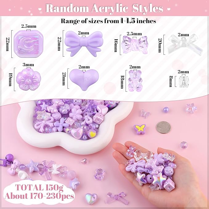 200-260PCS TINKRSTUFF Assorted Acrylic Beads Purple Cute Beads for Bracelet Making, Bow Flower Butterfly GummyBear Kawaii Charms, Aesthetic Bead for Necklace Keychain Jewelry Making DIY Phone Charm