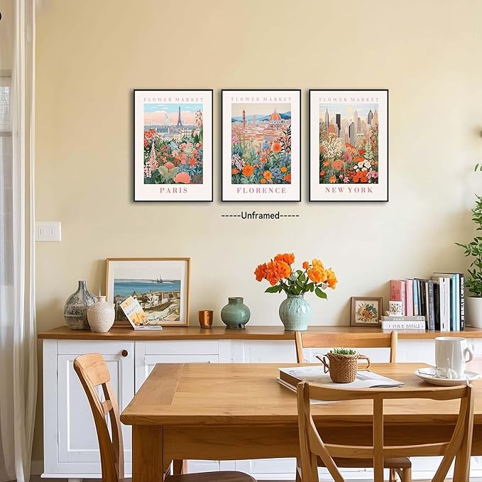 XLARTMY Flower Market Wall Art Prints Canvas Orange and Pink Floral Paintings Colorful Botanical Travel Flower Posters for Home Decor Pictures Set of 3 for Living Room Bedroom 16x24in Unframed